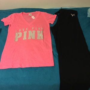 Pink brand T-Shirt and joggers.